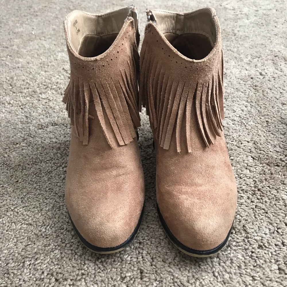 Tan fringe booties